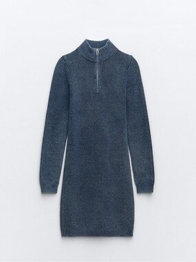 ZARA NWT Blue Acid Wash Knit Mini Dress Mockneck Half-Zip Knit Dress Brand New